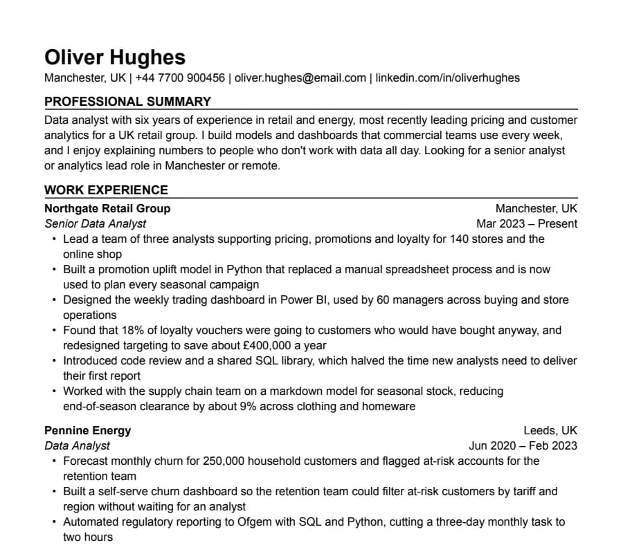 International CV resume template, top of the page