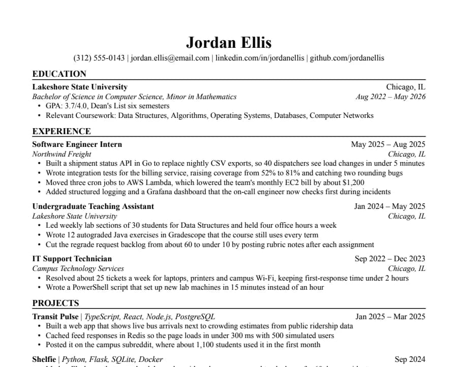 Jake's resume template, top of the page