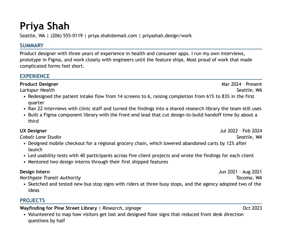 Modern Accent resume template, top of the page